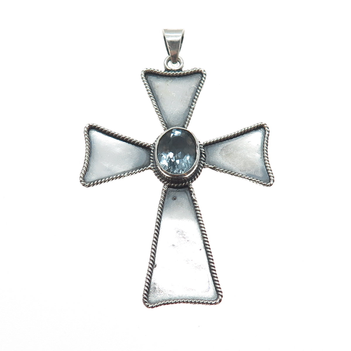 925 Sterling Silver Vintage Real Oval-Cut Blue Topaz Cross Oxidized Pendant