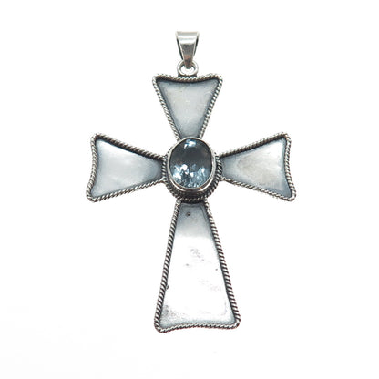 925 Sterling Silver Vintage Real Oval-Cut Blue Topaz Cross Oxidized Pendant