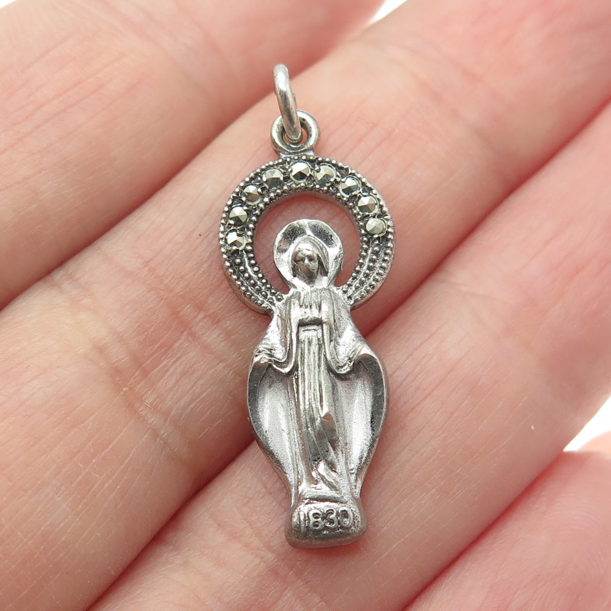 THEDA 925 Sterling Silver Antique Art Deco Real Marcasite St. Mary Pendant