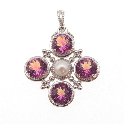 925 Sterling Silver Real Pearl & Mystic Quartz Cross Charm Pendant