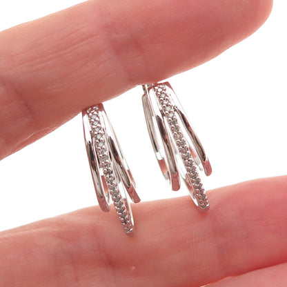 Sun 925 Sterling Silver Real Round-Cut Diamond 3-Row Hoop Earrings