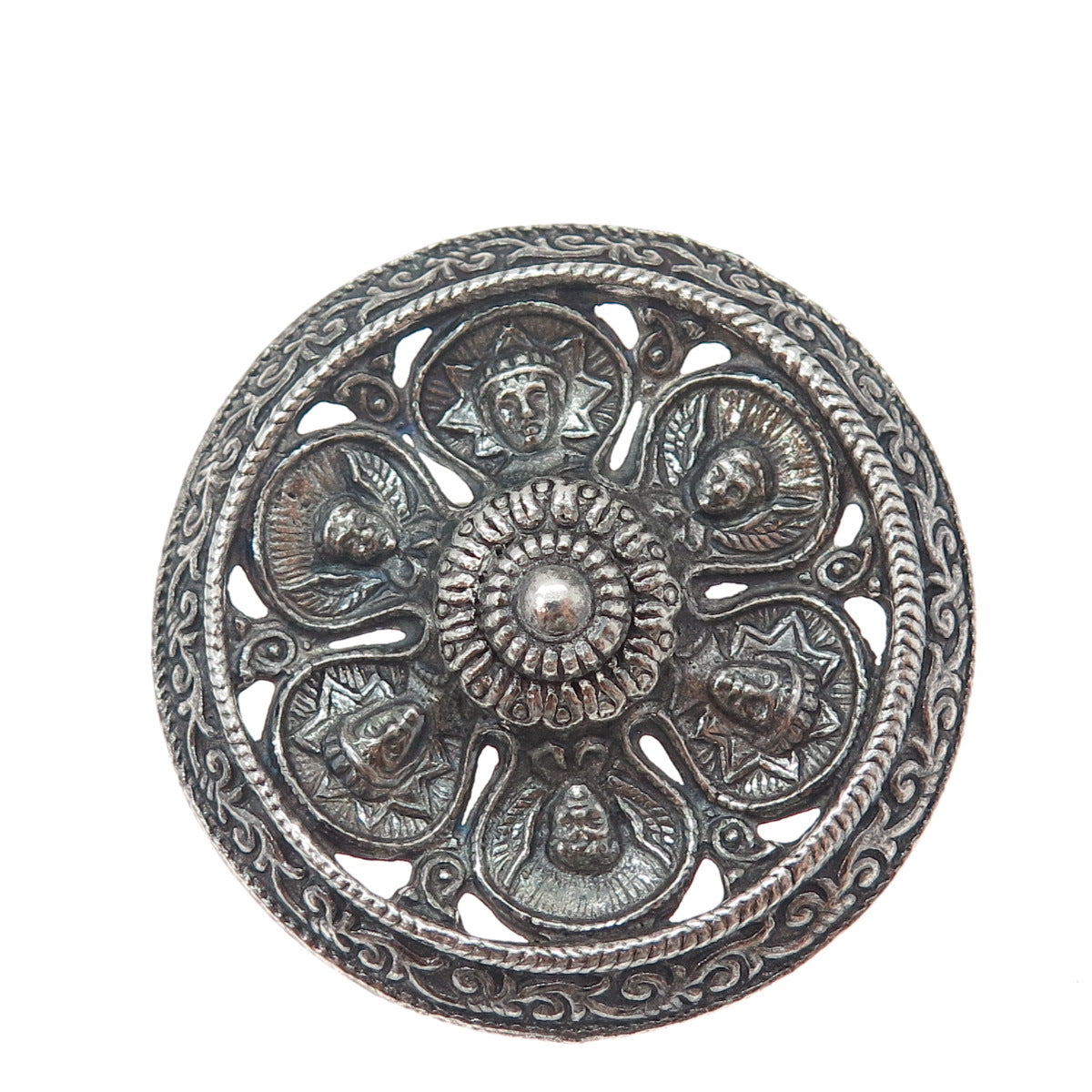 835 Silver Antique Scandinavian King & Cherub Oxidized Pin Brooch