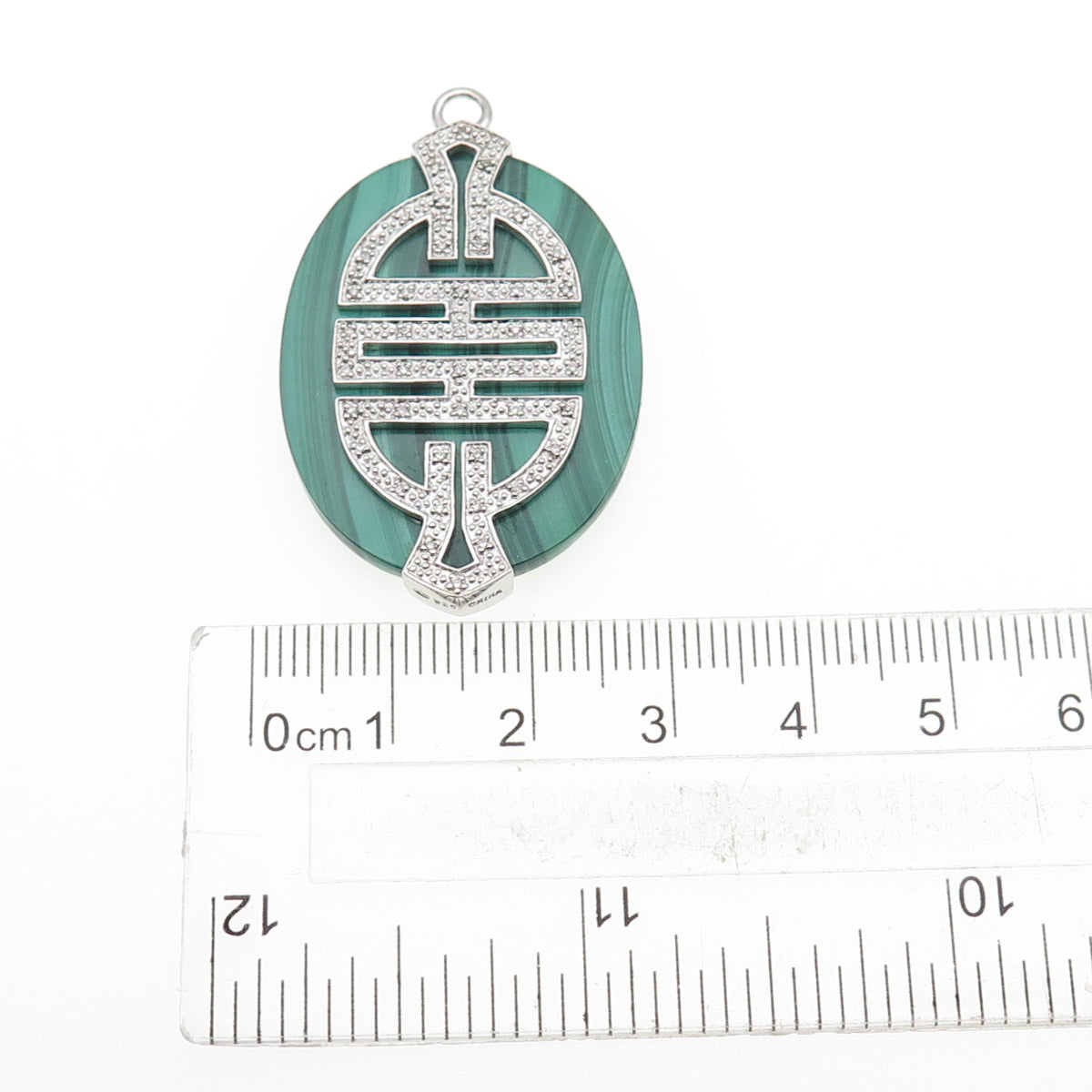 925 Sterling Silver Real Diamond & Malachite Longevity Chinese Character Pendant