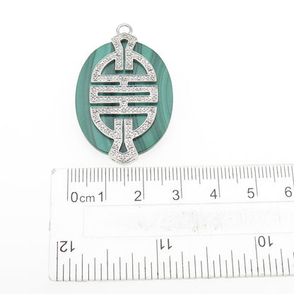 925 Sterling Silver Real Diamond & Malachite Longevity Chinese Character Pendant