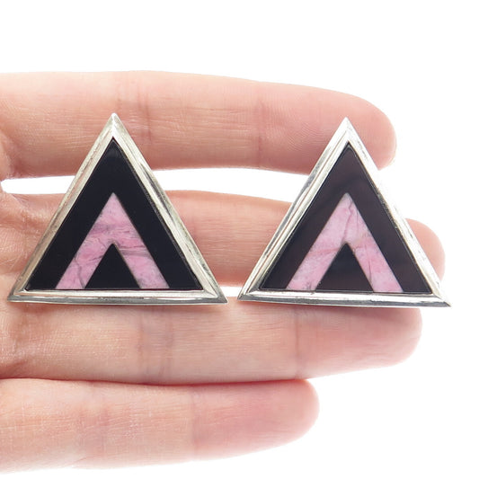 925 Sterling Silver Vintage Real Black Onyx Rhodonite Triangle Clip On Earrings