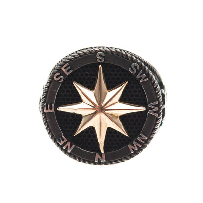Petek 925 Sterling Silver 2-Tone Vintage Compass Oxidized Signet Ring Size 10