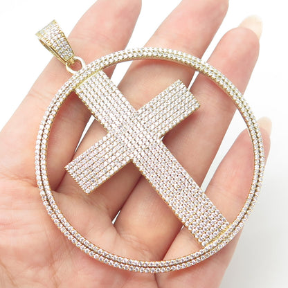 925 Sterling Silver Gold Plated Round-Cut White C Z Cross Pendant