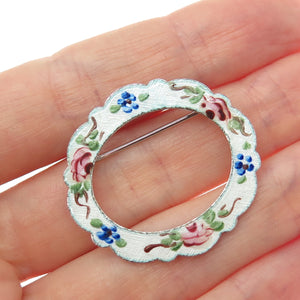 LAMODE 925 Sterling Silver Antique Art Deco Enamel Rose Flower Circle Pin Brooch