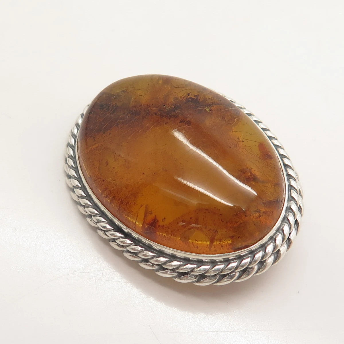 925 Sterling Silver Vintage Real Amber Twisted Oval Pin Brooch