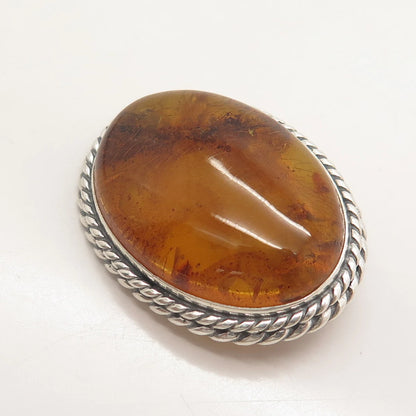 925 Sterling Silver Vintage Real Amber Twisted Oval Pin Brooch