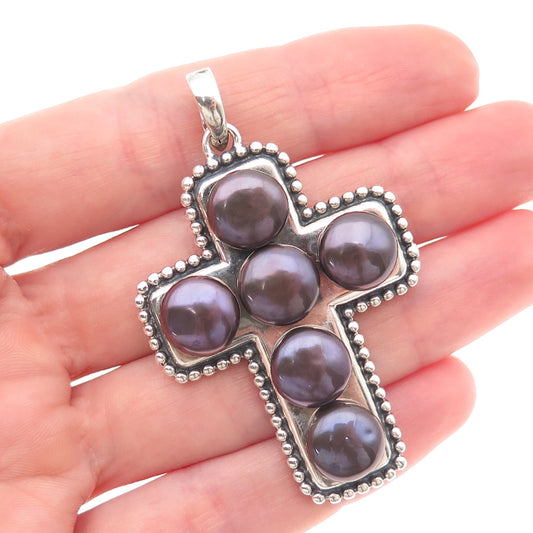 Honora 925 Sterling Silver Vintage Real Tahitian Pearl Cross Oxidized Pendant
