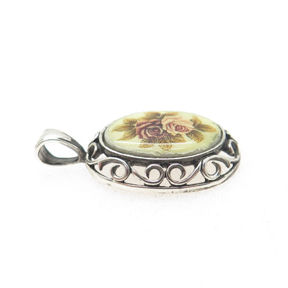 JEZLAINE 925 Sterling Silver Vintage Floral Ceramic Oxidized Swirl Pendant