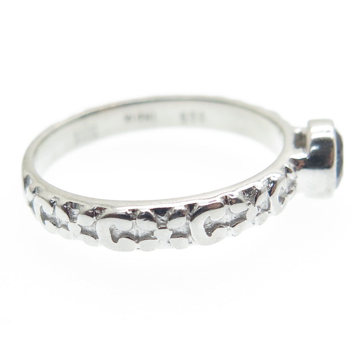 925 Sterling Silver Real Checkered Smoky Quartz Letter "C" Floral Ring Size 7.75