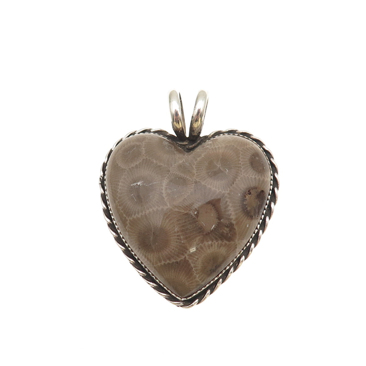 925 Sterling Silver Vintage WT Artisan Real Fossil Heart Heavy 21.7g Pendant