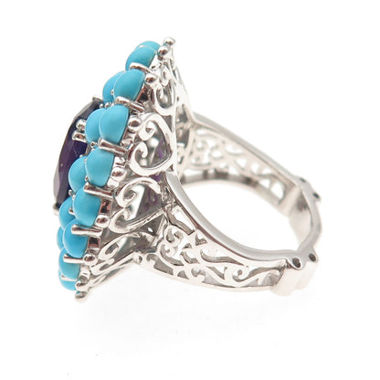 925 Sterling Silver Real Turquoise Amethyst & White Topaz Ring Size 8