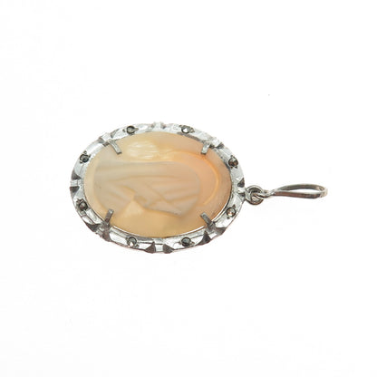 925 Sterling Silver Antique Art Deco Real MOP & Marcasite St. Mary Cameo Pendant