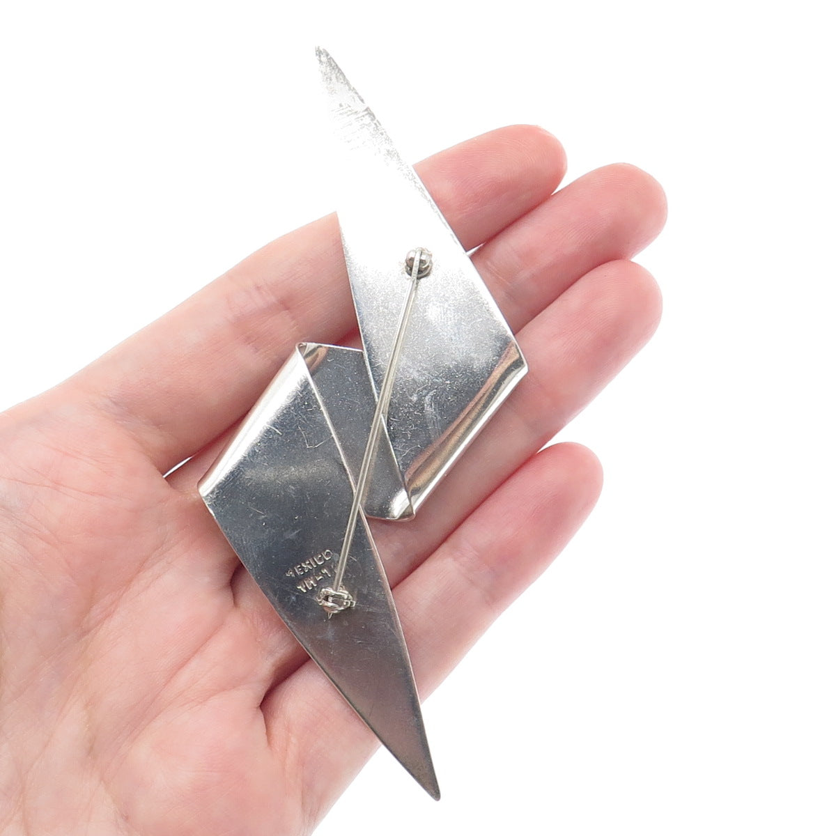 925 Sterling Silver Vintage Mexico Real Sky Blue Turquoise Modernist Pin Brooch