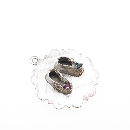 925 Sterling Silver Vintage Blue & Pink Rhinestone Baby Shoes Charm Pendant