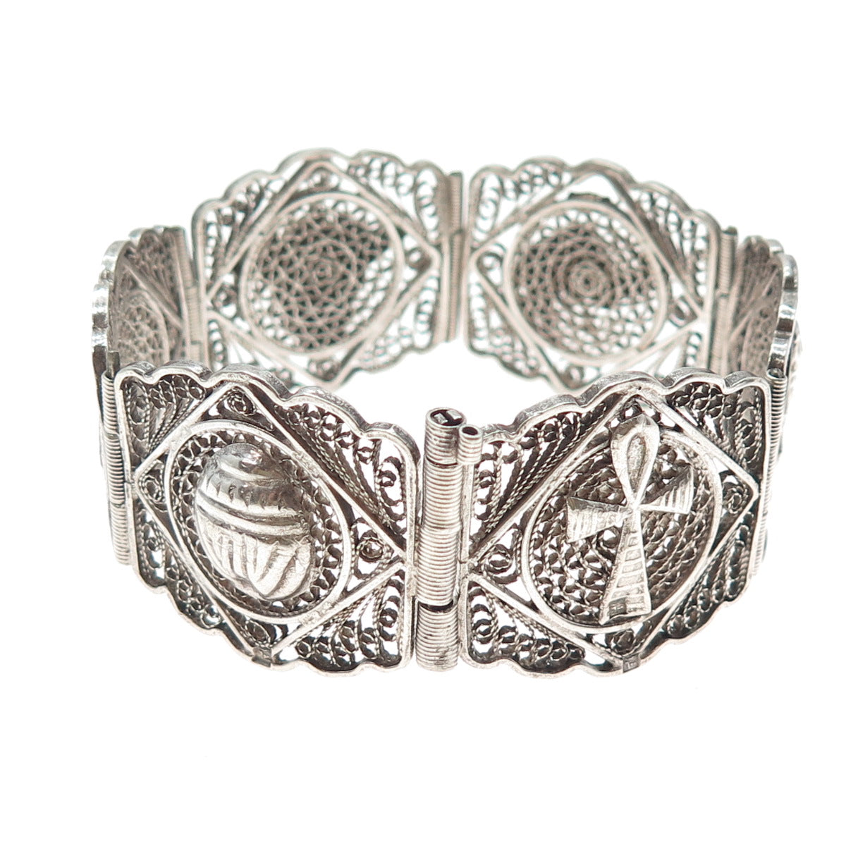 800 Silver Vintage Egyptian Symbols Filigree Oxidized Panel Link Bracelet 7.5"