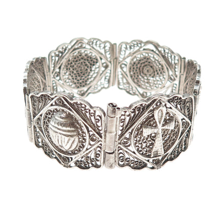 800 Silver Vintage Egyptian Symbols Filigree Oxidized Panel Link Bracelet 7.5"