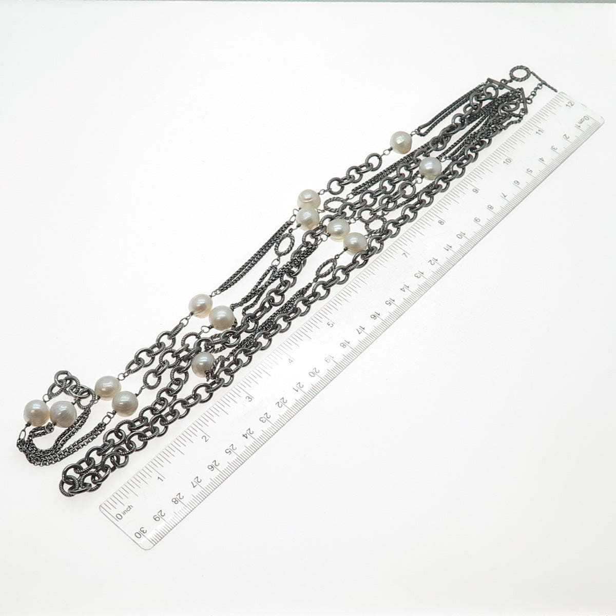 925 Sterling Vintage Pearl Heavy 124.5g Multi-Row Chain Oxidized Necklace 16-24"