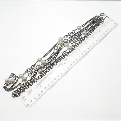 925 Sterling Vintage Pearl Heavy 124.5g Multi-Row Chain Oxidized Necklace 16-24"