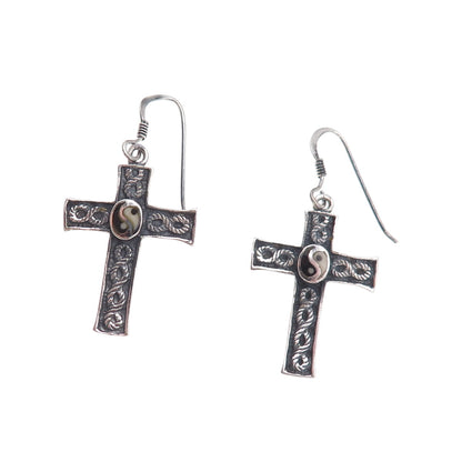 925 Sterling Silver Vintage Real Black & White Diamond Yin Yang Cross Earrings