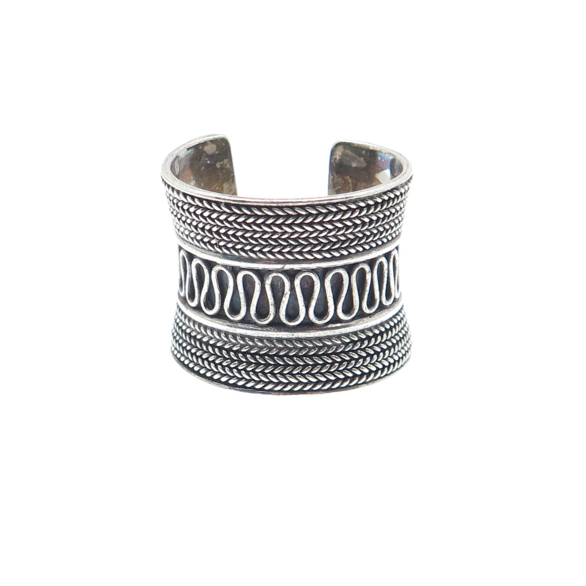 925 Sterling Silver Vintage Wheat & Wavy Oxidized Adjustable Cuff Ring Size 8
