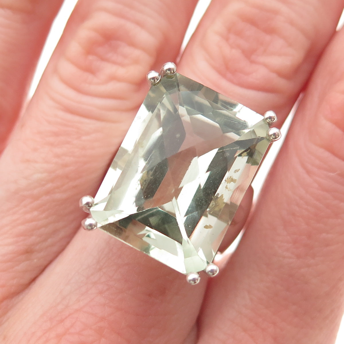 925 Sterling Silver Real Emerald-Cut Green Amethyst Statement Ring Size 6.5