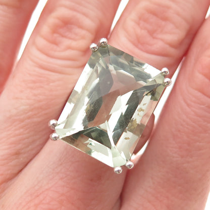 925 Sterling Silver Real Emerald-Cut Green Amethyst Statement Ring Size 6.5