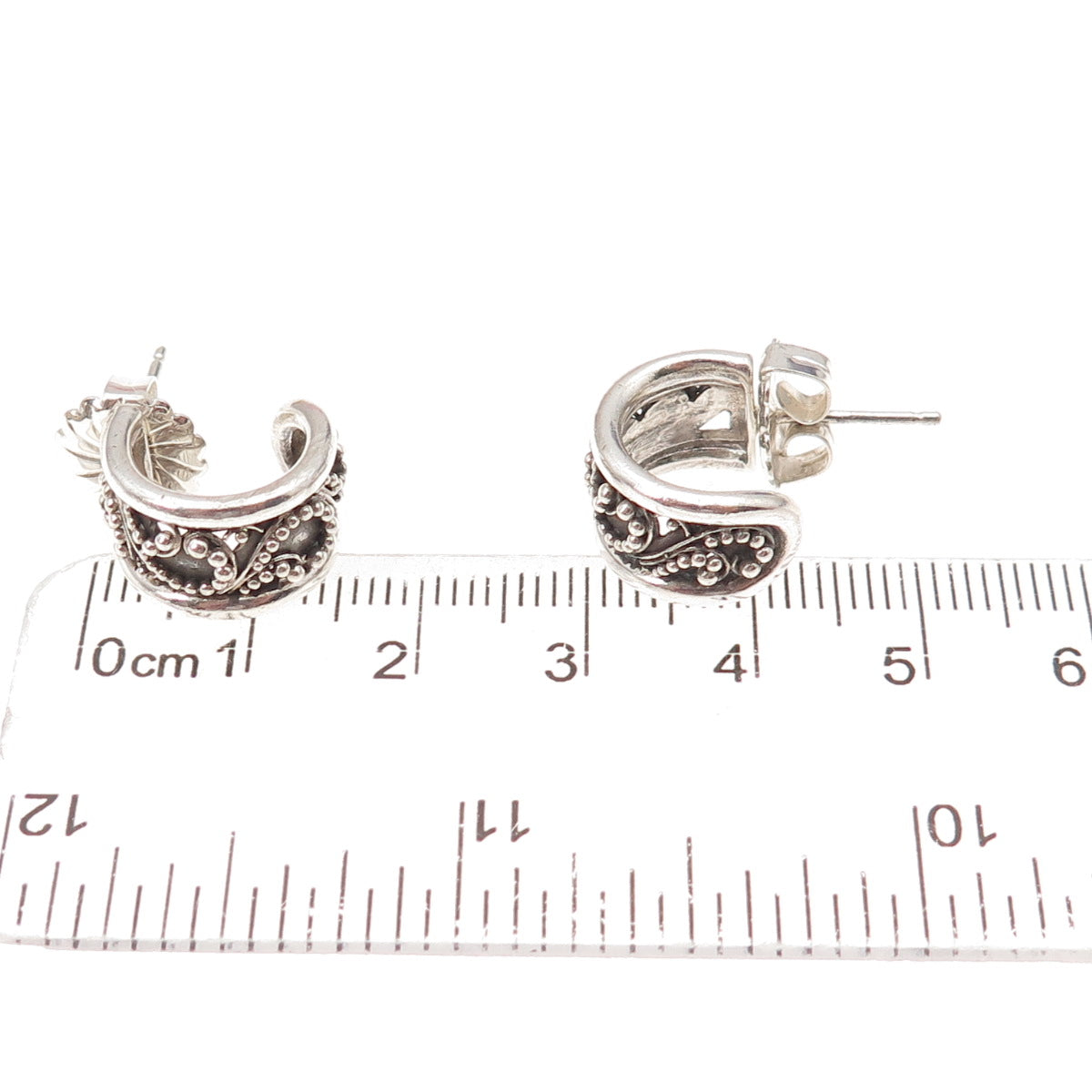 Lois Hill 925 Sterling Silver Vintage Granulated Scroll Hoop Earrings