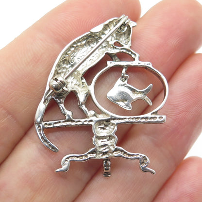 JEZLAINE 925 Sterling Silver Vintage Playing Cat w/ Fish Oxidized Pin Brooch