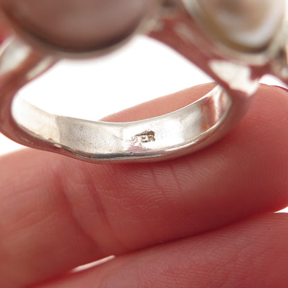 925 Sterling Silver Vintage Real Rose Quartz Jade Pearl Modernist Ring Size 7.75