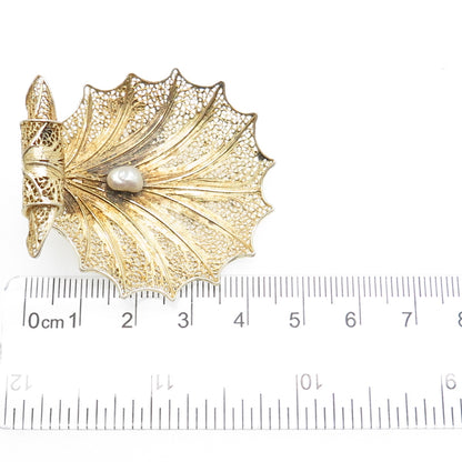 925 Sterling Gold Plated Vintage GV Portugal Real Pearl Filigree Shell Brooch