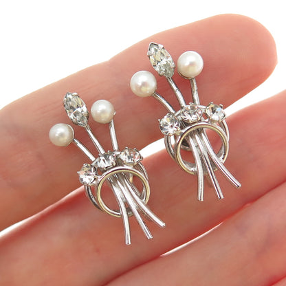 CARL ART 925 Sterling Silver Vintage Real Pearl & Rhinestone Screw Back Earrings