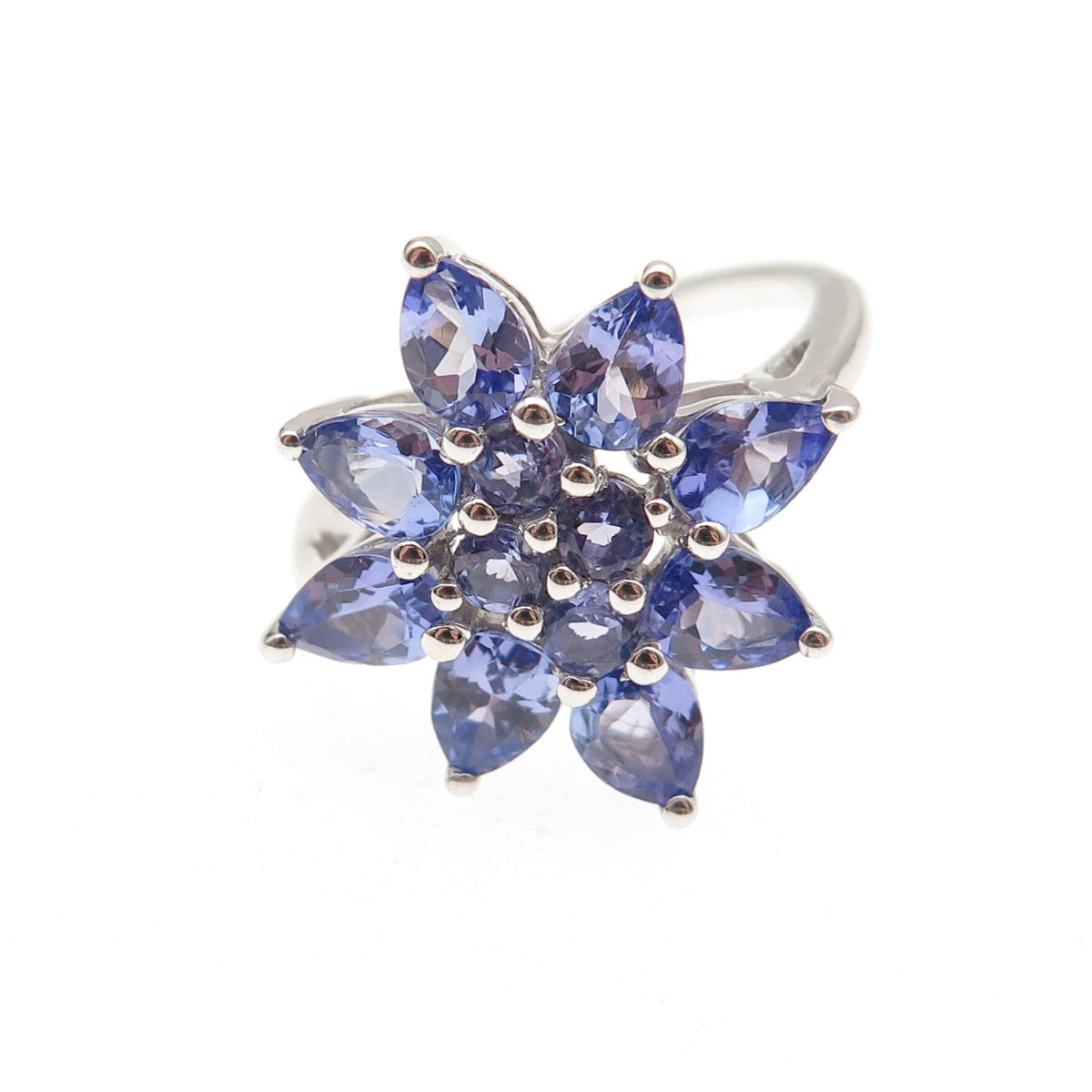 925 Sterling Silver Real Round & Pear-Cut Tanzanite Floral Ring Size 8