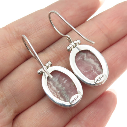 925 Sterling Silver Vintage Real Rose Crazy Lace Agate Gemstone Dangle Earrings