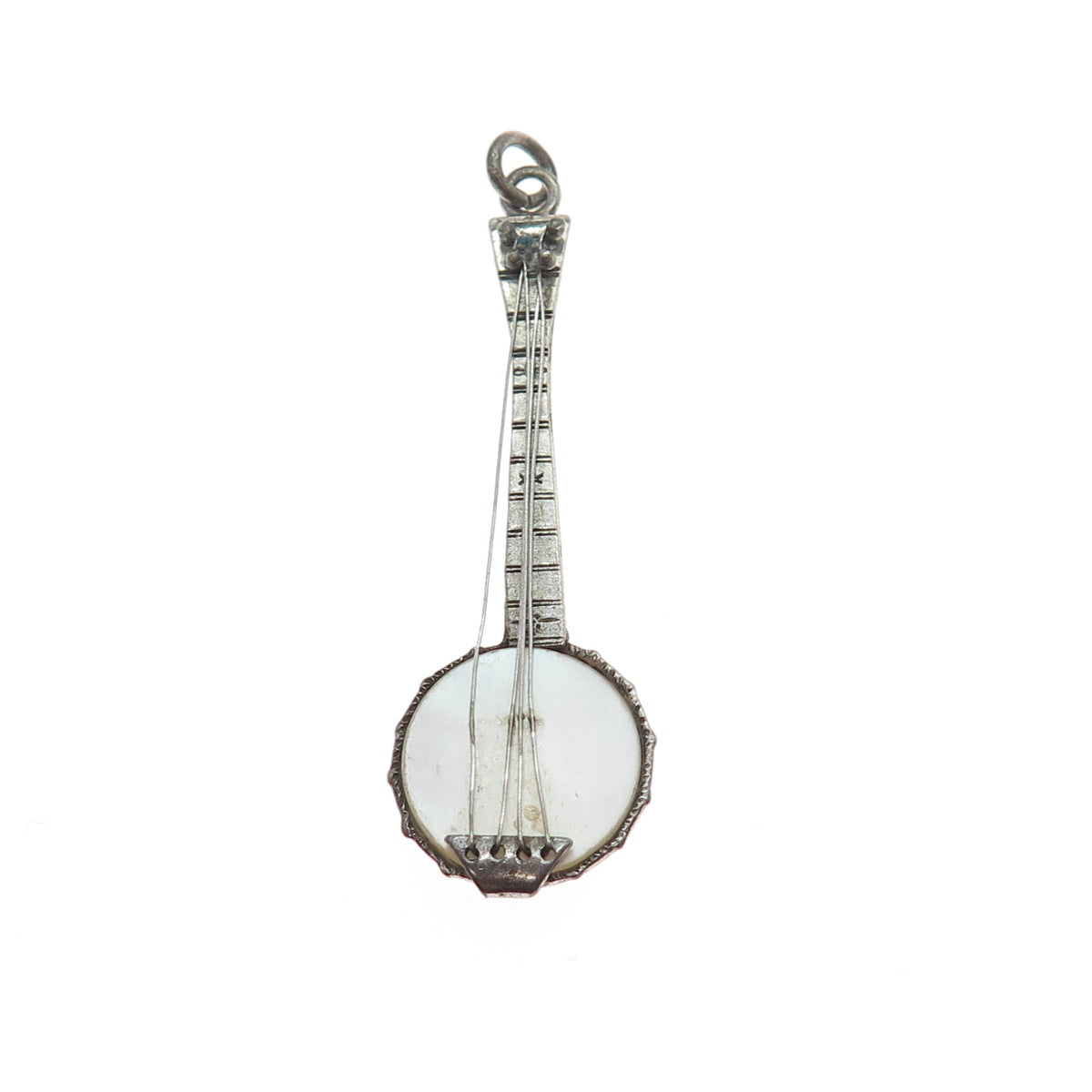 925 Sterling Silver Antique Art Deco Real MOP Banjo Music Instrument Pendant