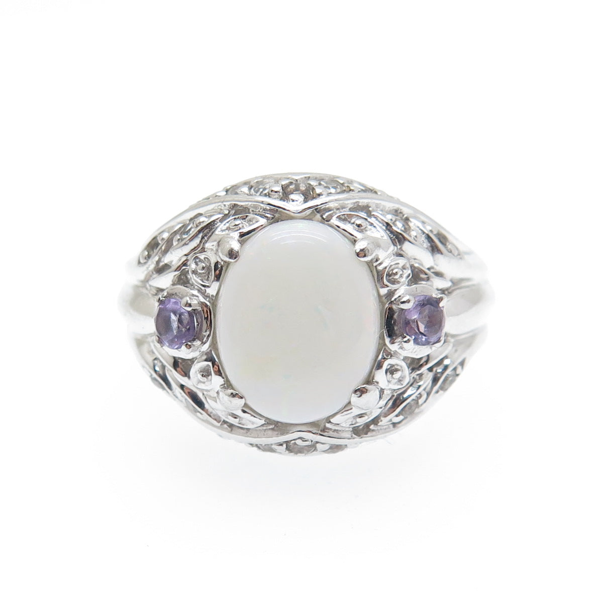 925 Sterling Silver Real Opal Amethyst & White Topaz Floral Ring Size 6.25