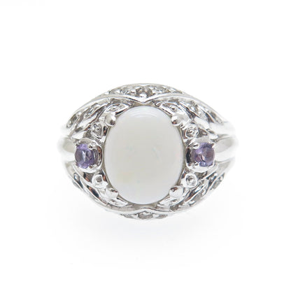 925 Sterling Silver Real Opal Amethyst & White Topaz Floral Ring Size 6.25