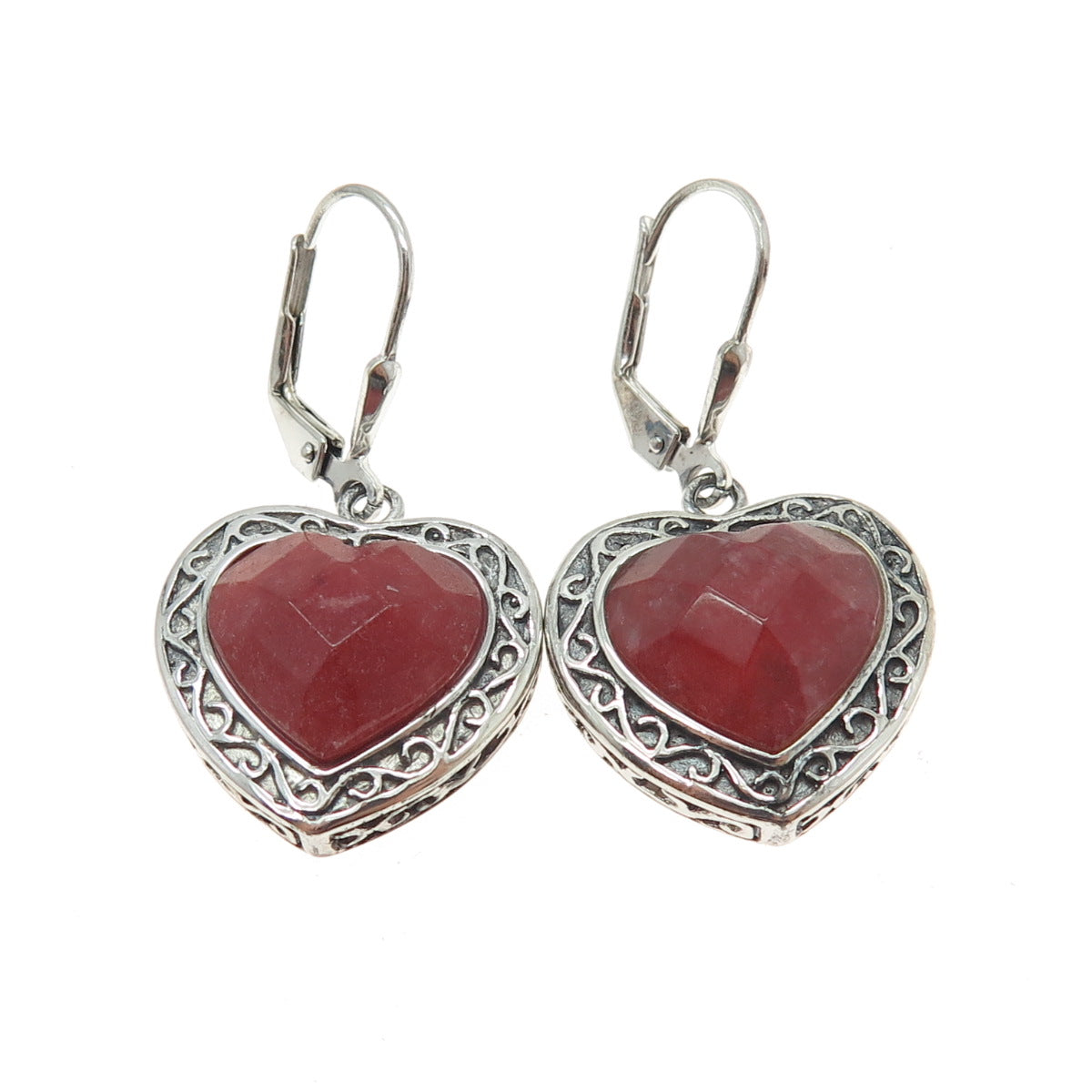 925 Sterling Silver Vintage Real Heart-Cut Ruby Ornate Dangle Earrings