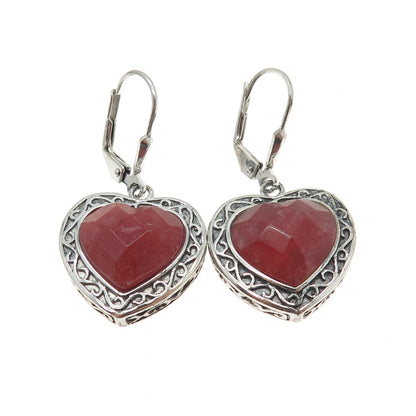 925 Sterling Silver Vintage Real Heart-Cut Ruby Ornate Dangle Earrings