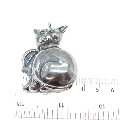 925 Sterling Silver Vintage Cat Modernist Oxidized Puffy Pendant