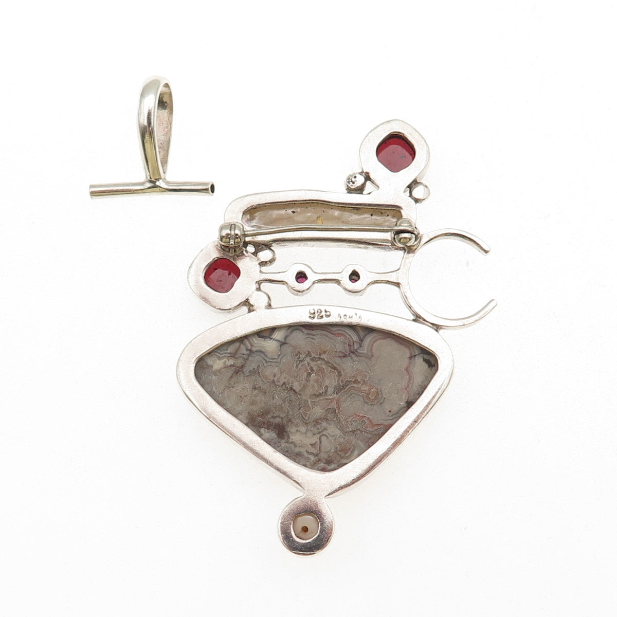 Som’s Sterling Vintage Real Agate Pearl Rhodonite Modernist Pin Brooch / Pendant