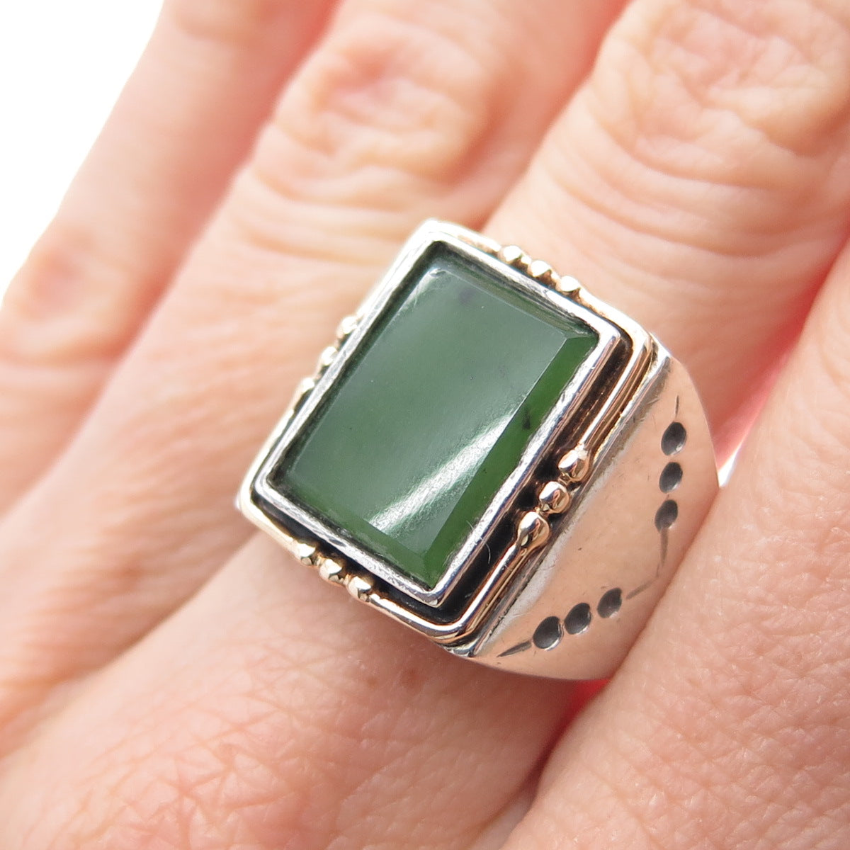 18K Gold 925 Sterling Silver Vintage Real Jade Modernist Ring Size 8