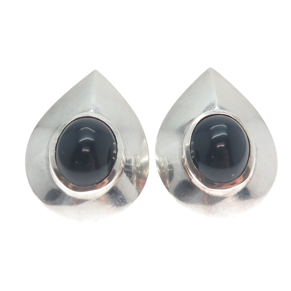 925 Sterling Silver Vintage Real Black Onyx Gemstone Teardrop Earrings