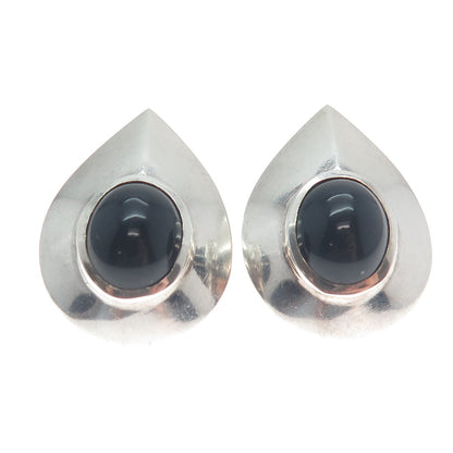 925 Sterling Silver Vintage Real Black Onyx Gemstone Teardrop Earrings