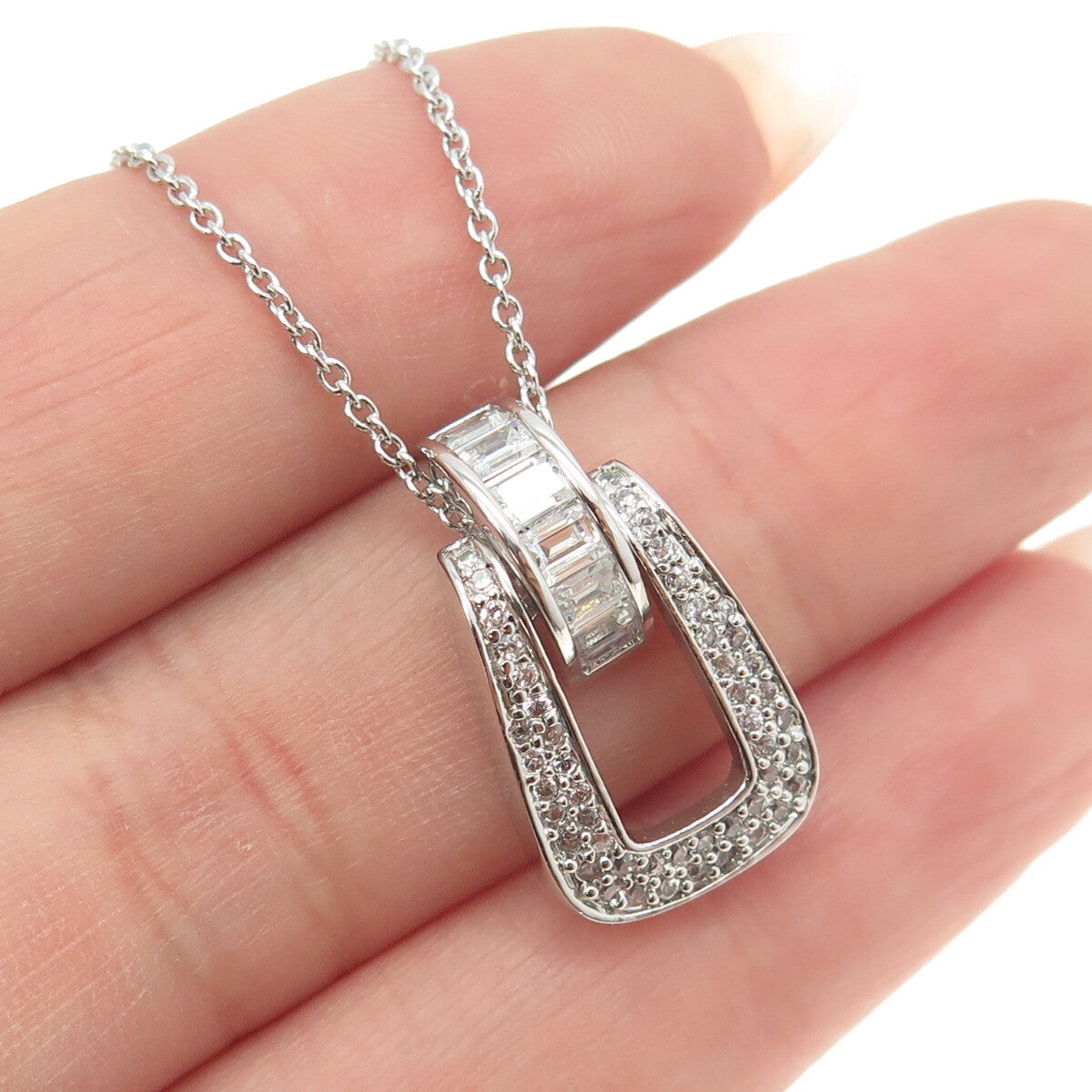 925 Sterling Silver Italy Round & Emerald-Cut C Z Rolo Chain Necklace 18"
