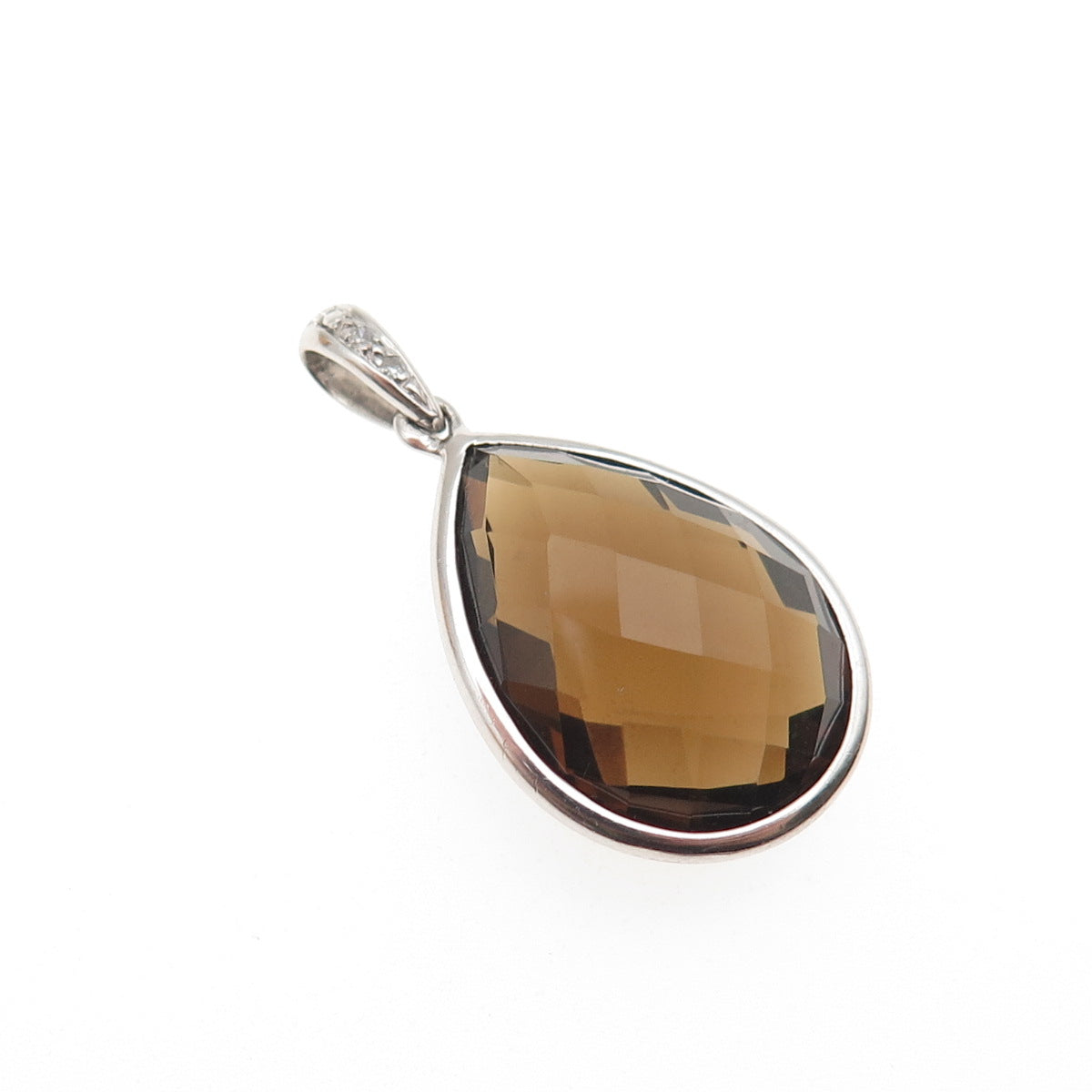 925 Sterling Silver Real Round-Cut Diamond & Pear-Cut Smoky Quartz Charm Pendant