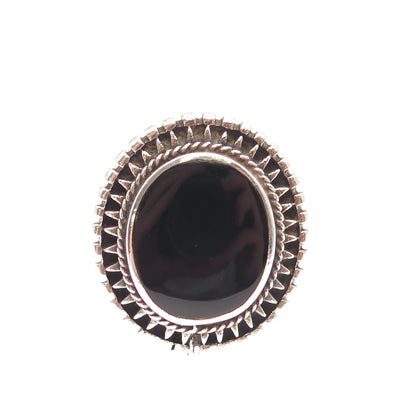 925 Sterling Silver Vintage Real Black Onyx Modernist Oxidized Ring Size 8.75